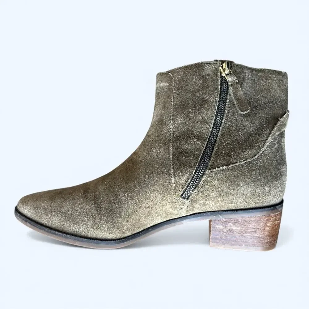 Cole Haan Maci Suede Ankle Boots Olive Green Block Heel Womens 8 Chic Minimalist